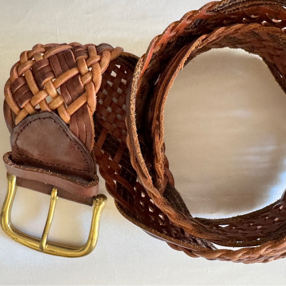 Linea Pelle Golden Tan & Brown Woven Leather Belt w Solid Brass Buckle, Small